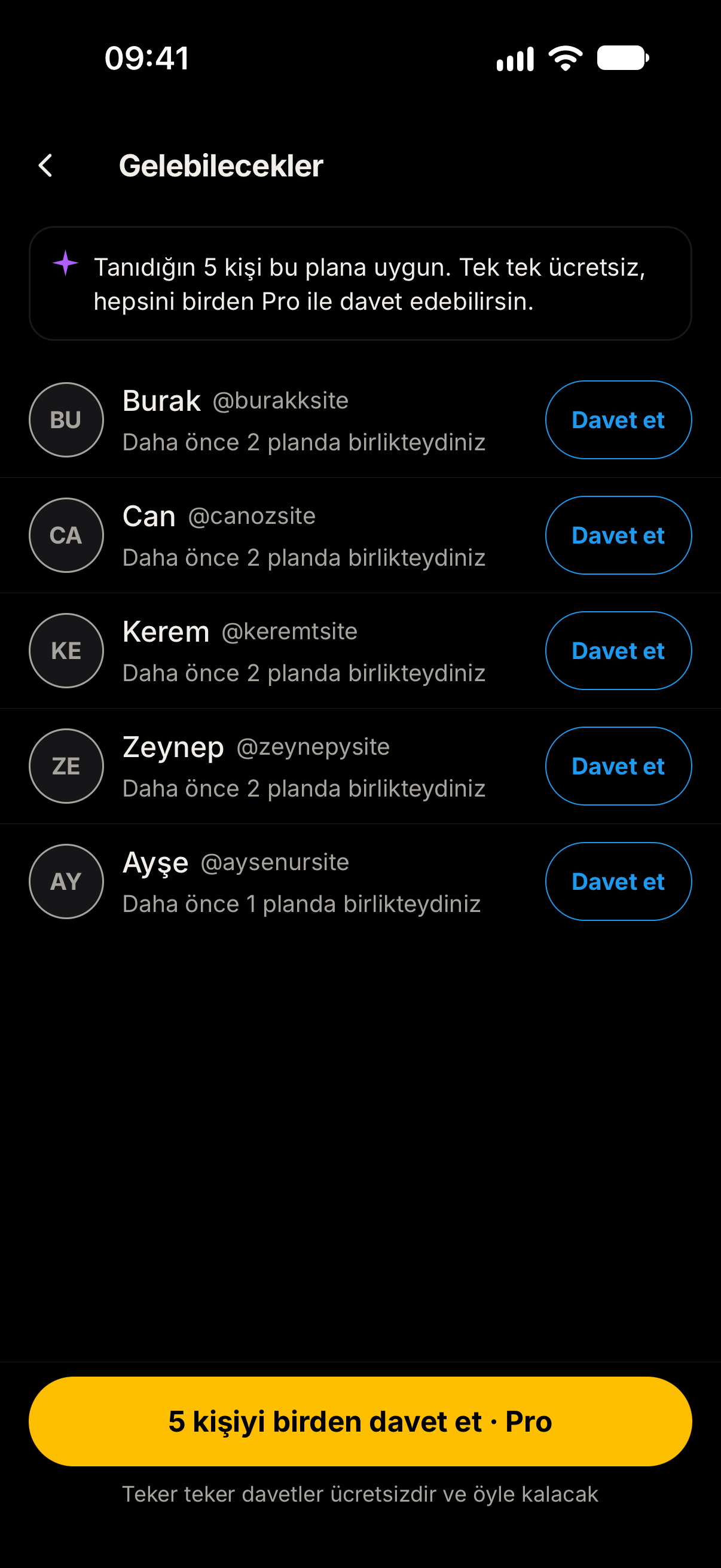 Daha önce buluşulan kişileri ve davet seçeneklerini gösteren uygulama ekranı.